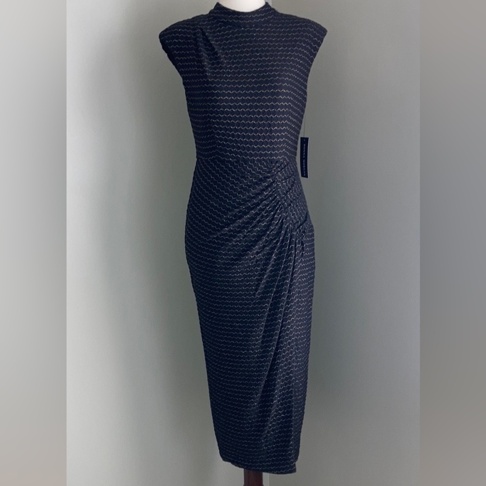Donna Morgan Black Midi Dress with Subtle White Pattern